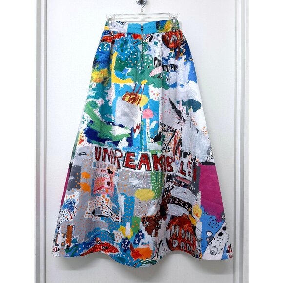 Alice + Olivia Basquiat Unbreakable Print Tina Maxi Skirt Blue Doodle Paint 2 - Picture 8 of 12